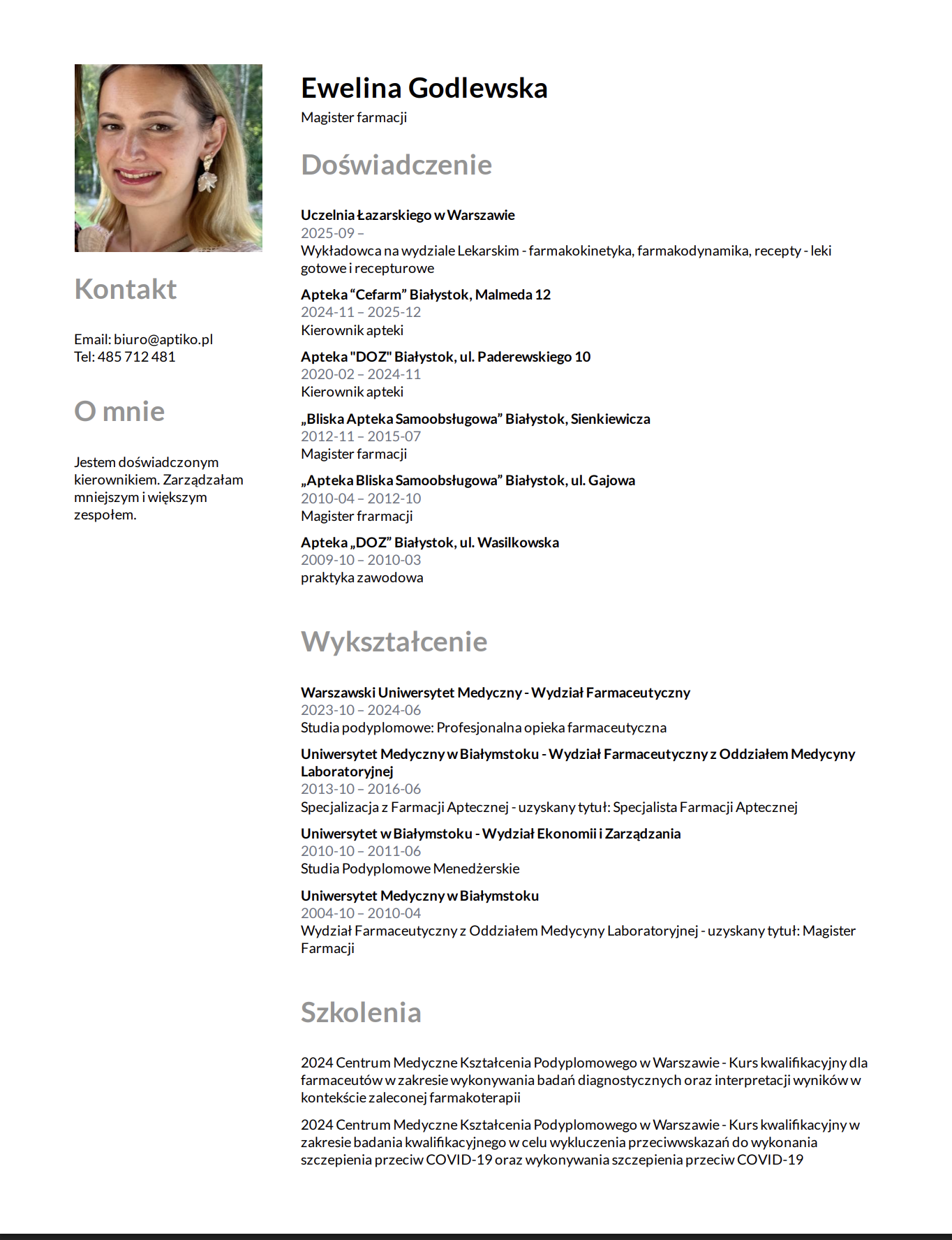 Wzór CV Klasyczne - szablon CV dla farmaceuty
