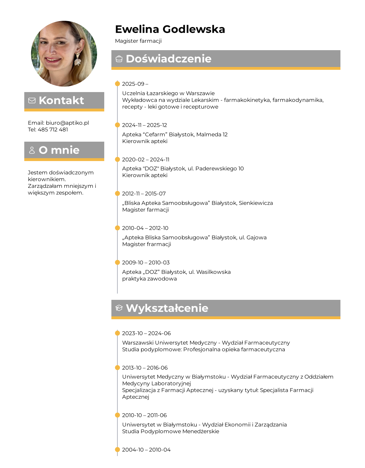 Wzór CV Nowoczesne - szablon CV dla magistra farmacji