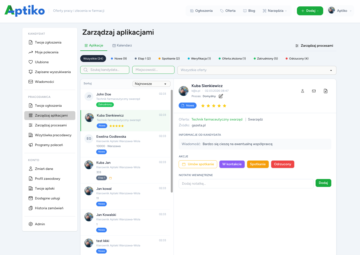 Panel zarządzania kandydatami w systemie ATS dla aptek — lista aplikacji, filtry i widok szczegółów rekrutacji farmaceutów