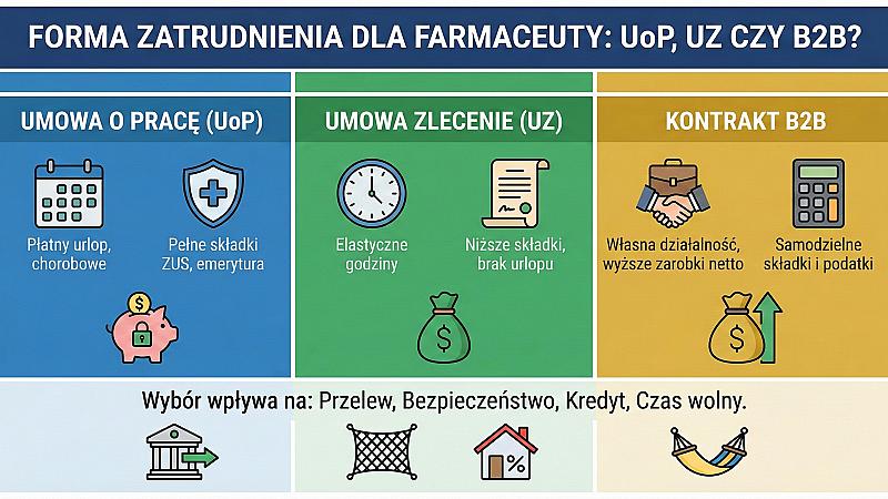 Umowa o pracę, zlecenie czy B2B w aptece – co wybrać w 2026 roku?
