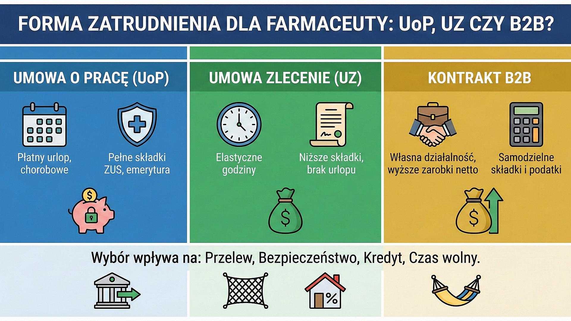 Umowa o pracę, zlecenie czy B2B w aptece – co wybrać w 2026 roku?